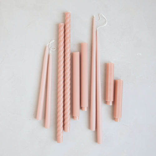 Our Petal Taper Set combines all of our parchment-hued taper candles into the perfect bundle. Display the sizes and shapes together or separately.   Set includes: one pair of petal 12" and one pair of petal 18" dipped taper candles. One pair of 18", one pair of 10" and one pair of 6" petal Fancy Taper Candles.  Dinner Candles. 