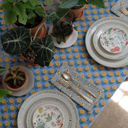 Soil to studio shama table cloth. block printed table cloth